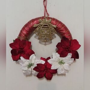 10-inch Handmade Small Christmas Wreath w/Poinsettias.